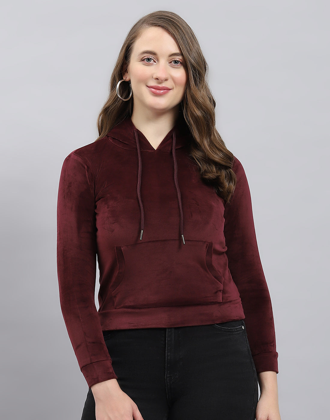 Girls Burgundy Solid Hooded Full Sleeve Sweatshirt