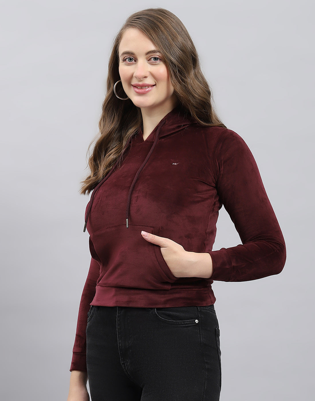 Girls Burgundy Solid Hooded Full Sleeve Sweatshirt