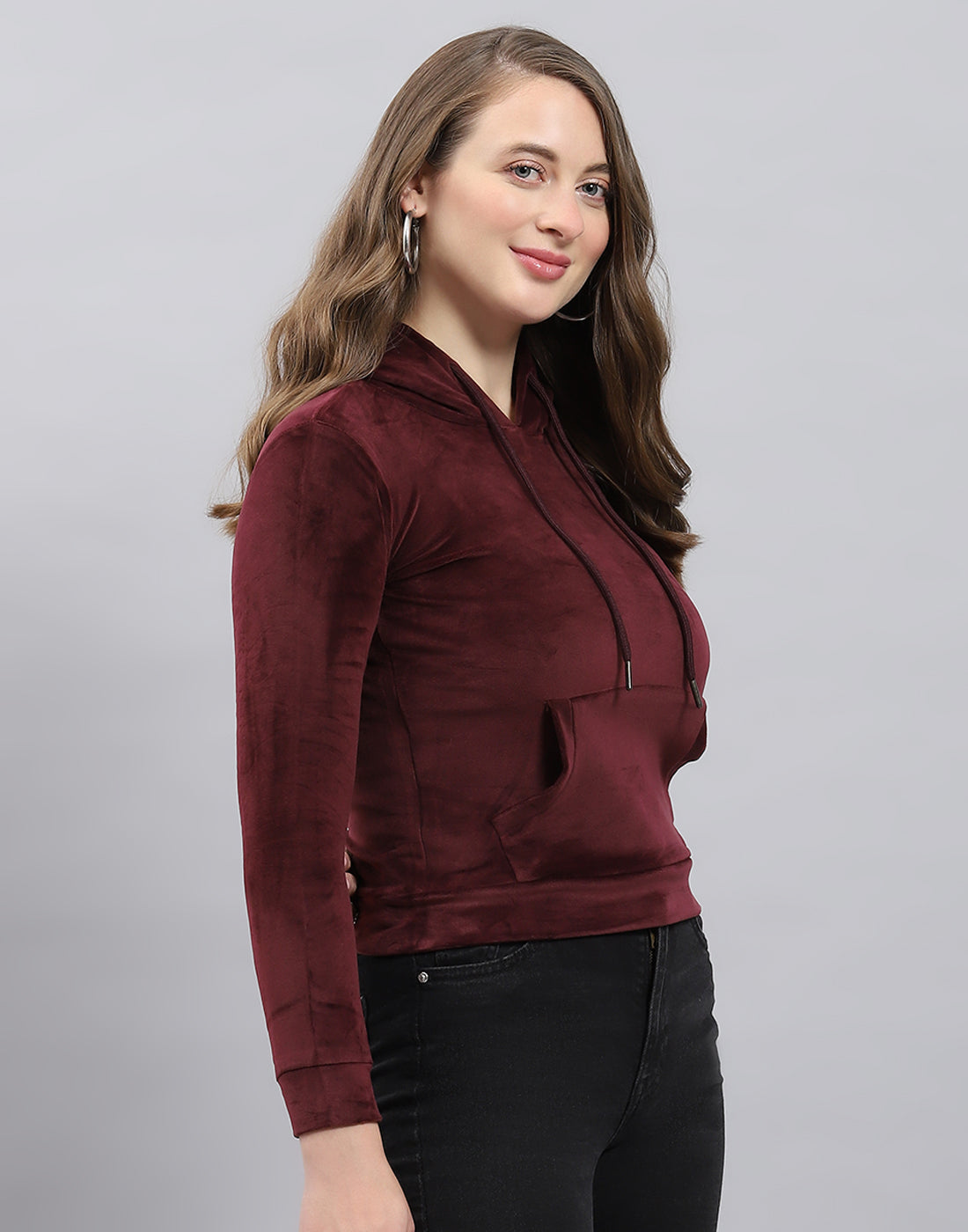 Girls Burgundy Solid Hooded Full Sleeve Sweatshirt