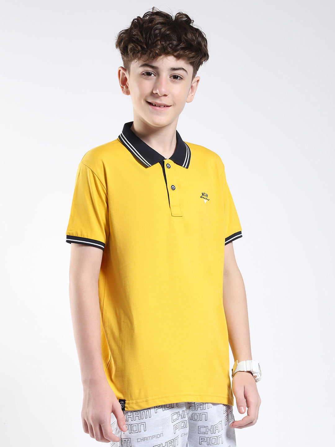 Boys Mustard Solid Collar Half Sleeve T-Shirt