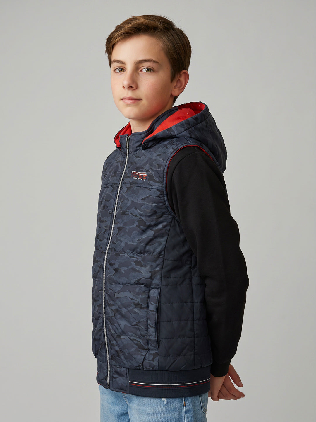 Boys Navy Blue Camouflage Detachable Hood Sleeveless Puffer Jacket