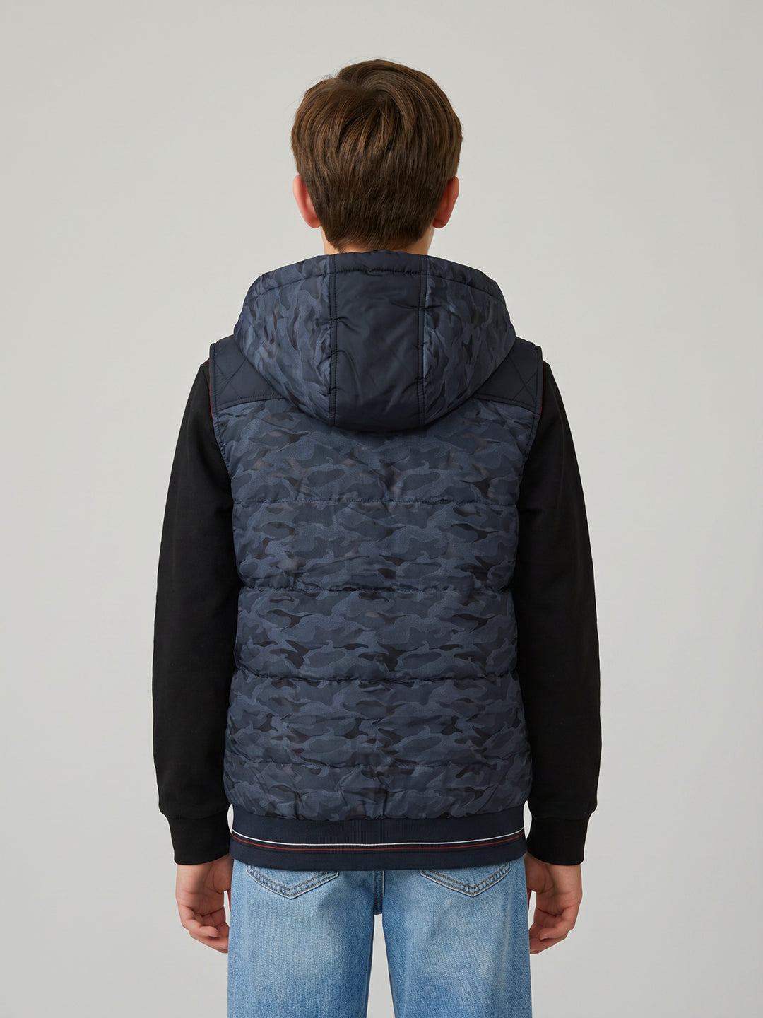 Boys Navy Blue Camouflage Detachable Hood Sleeveless Puffer Jacket