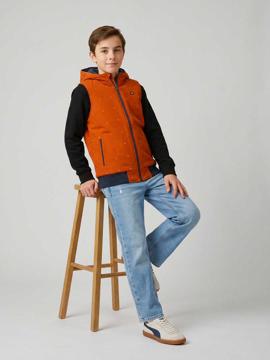 Boys Navy Blue Camouflage Detachable Hood Sleeveless Puffer Jacket
