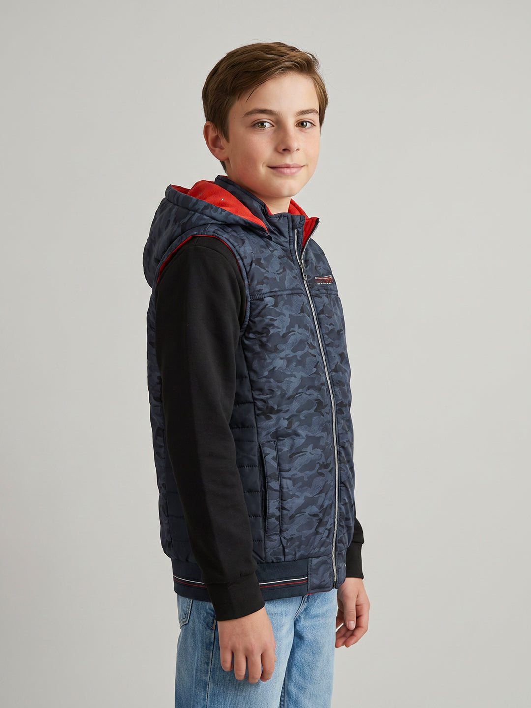 Boys Navy Blue Camouflage Detachable Hood Sleeveless Puffer Jacket