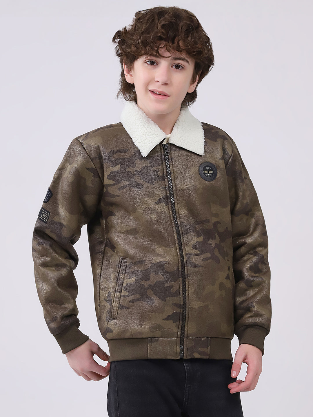 Boys Olive Printed Collar Full Sleeve Boys Jacket