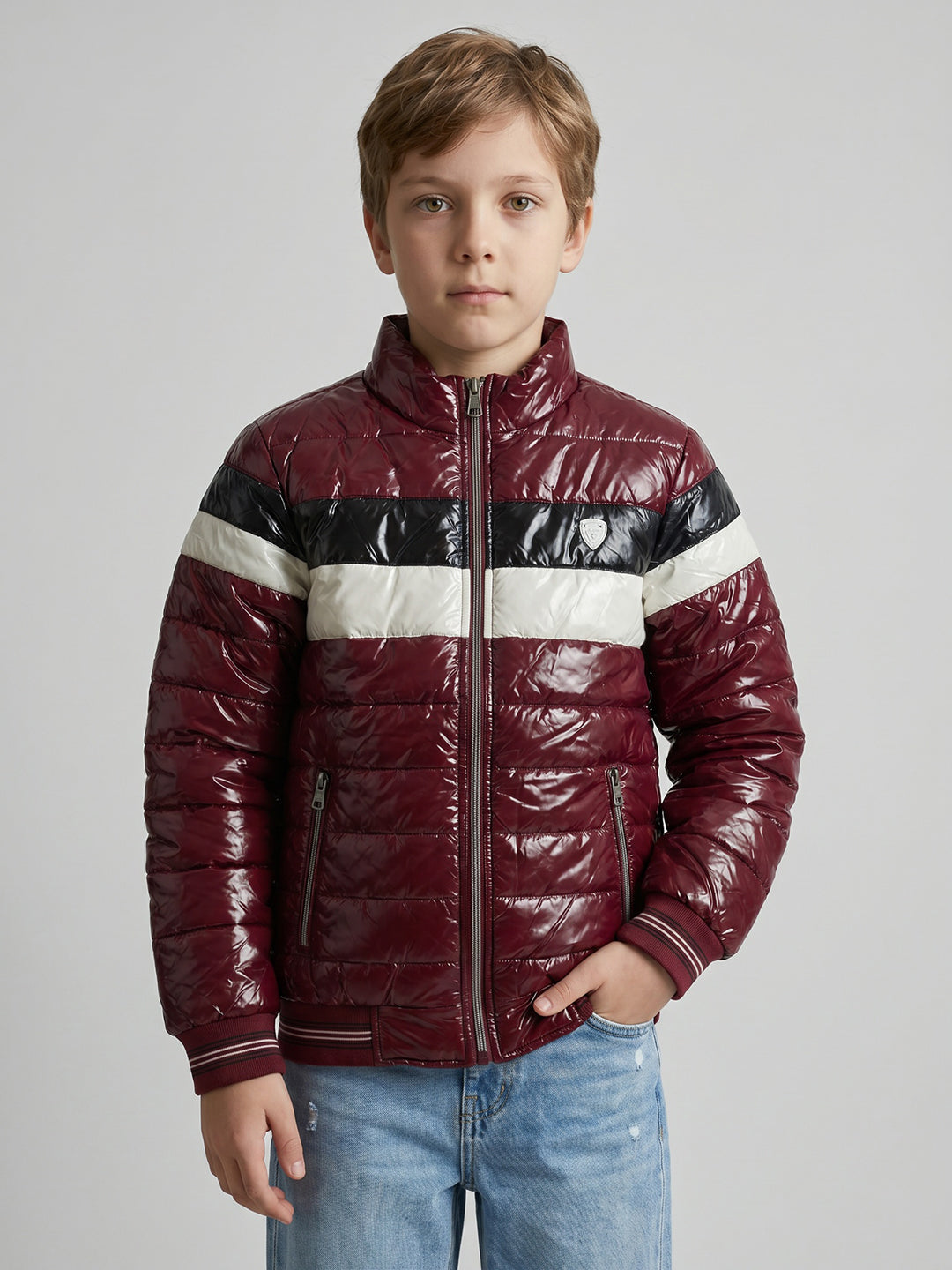 Boys Burgundy Solid Collar Full Sleeve Extra Shining Puffer Jacket
