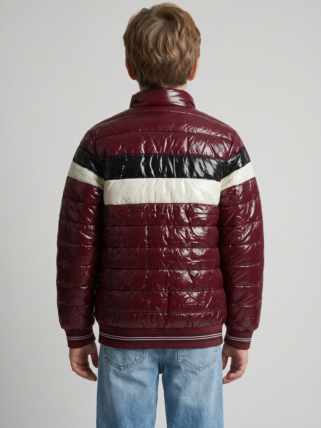 Boys Burgundy Solid Collar Full Sleeve Extra Shining Puffer Jacket