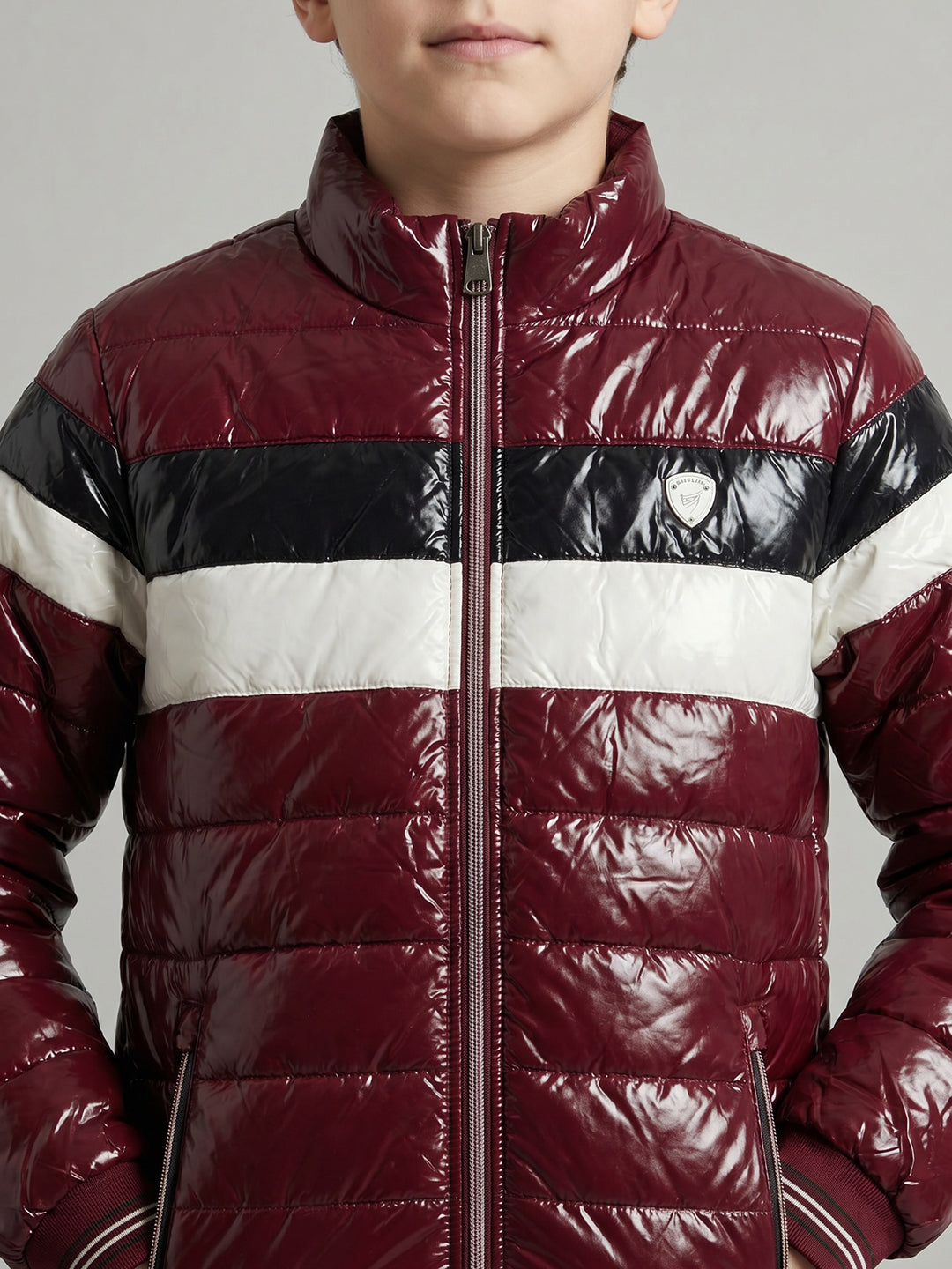 Boys Burgundy Solid Collar Full Sleeve Extra Shining Puffer Jacket