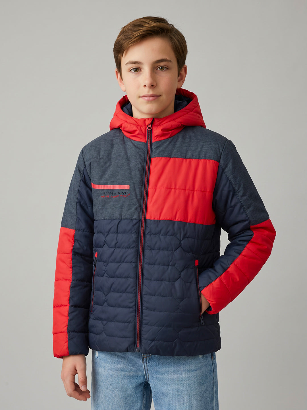 Boys Navy Blue Hooded Full Sleeve Jacket with Dual Front Zipper