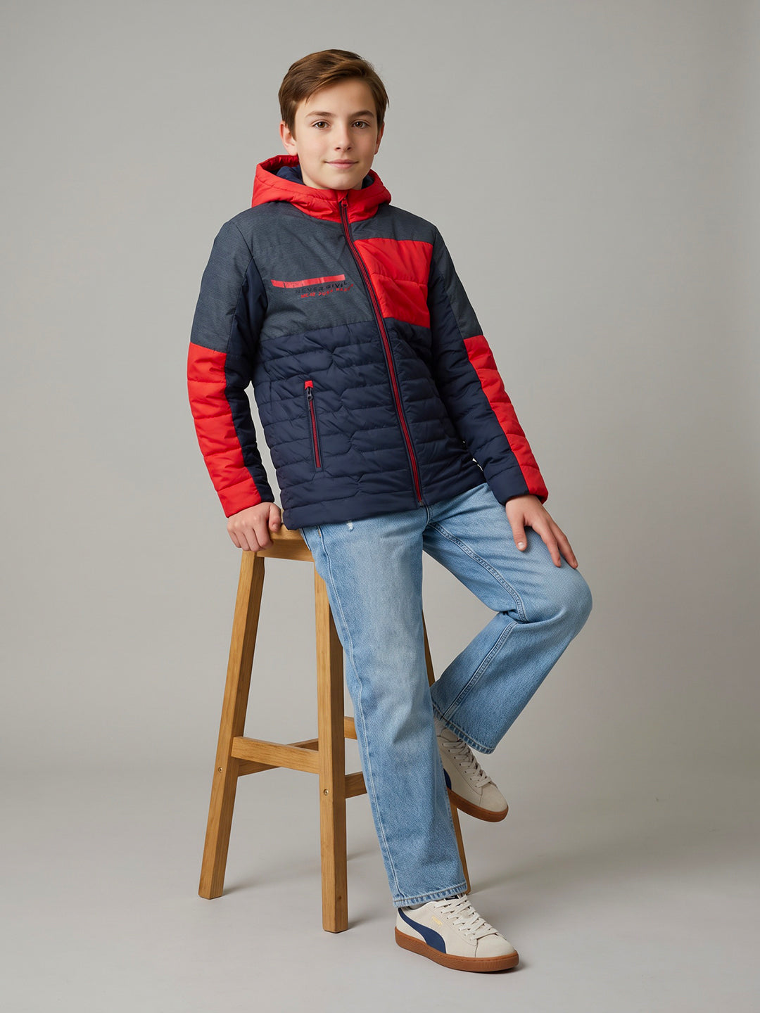 Boys Navy Blue Hooded Full Sleeve Jacket with Dual Front Zipper