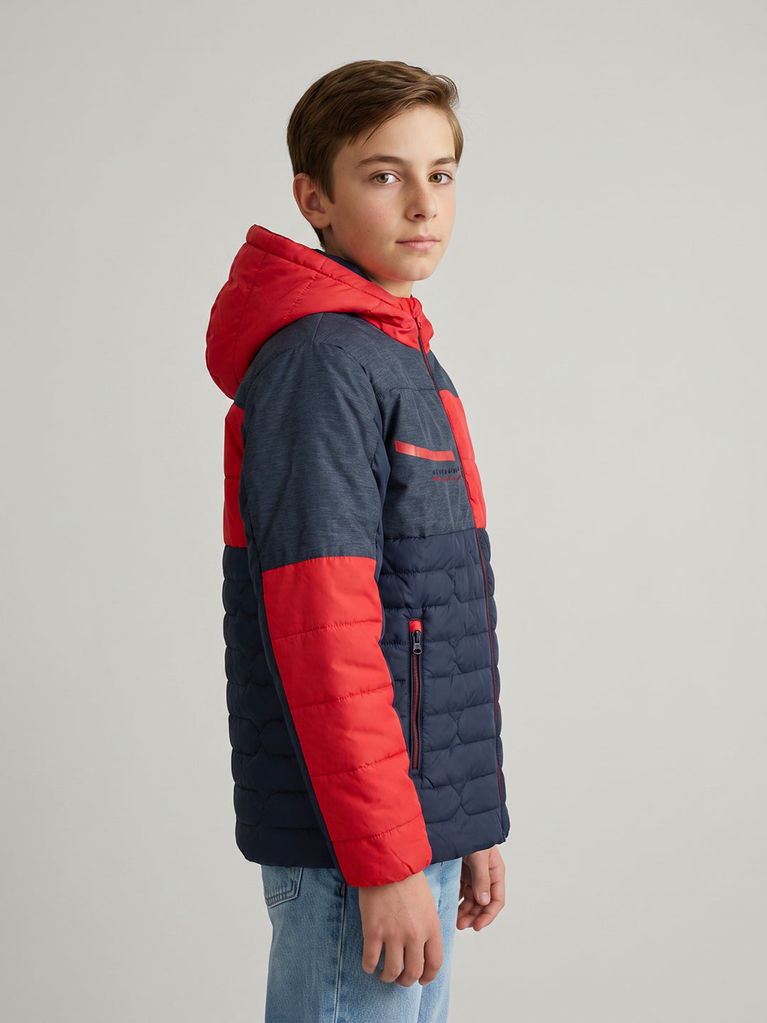 Boys Navy Blue Hooded Full Sleeve Jacket with Dual Front Zipper