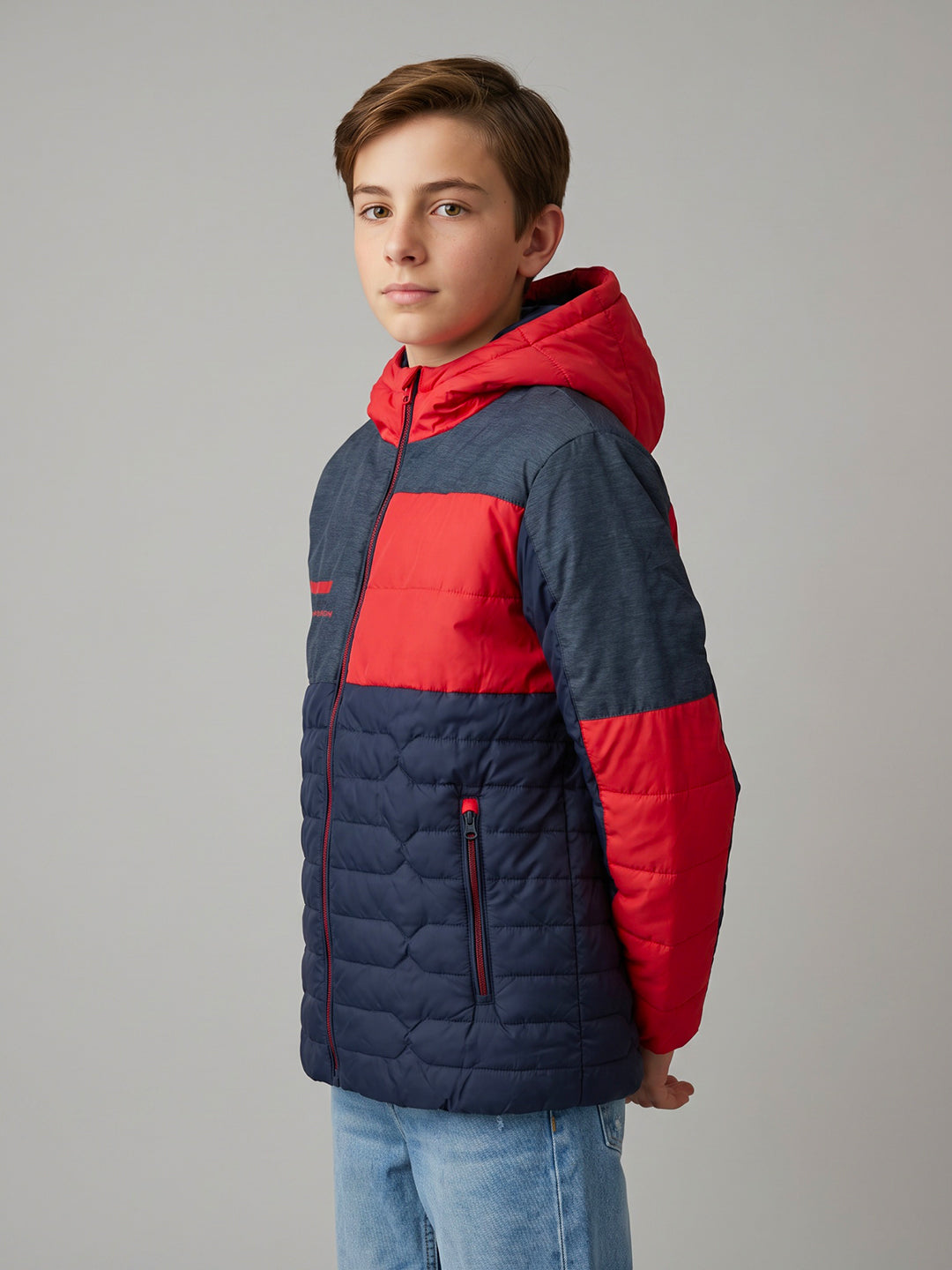 Boys Navy Blue Hooded Full Sleeve Jacket with Dual Front Zipper