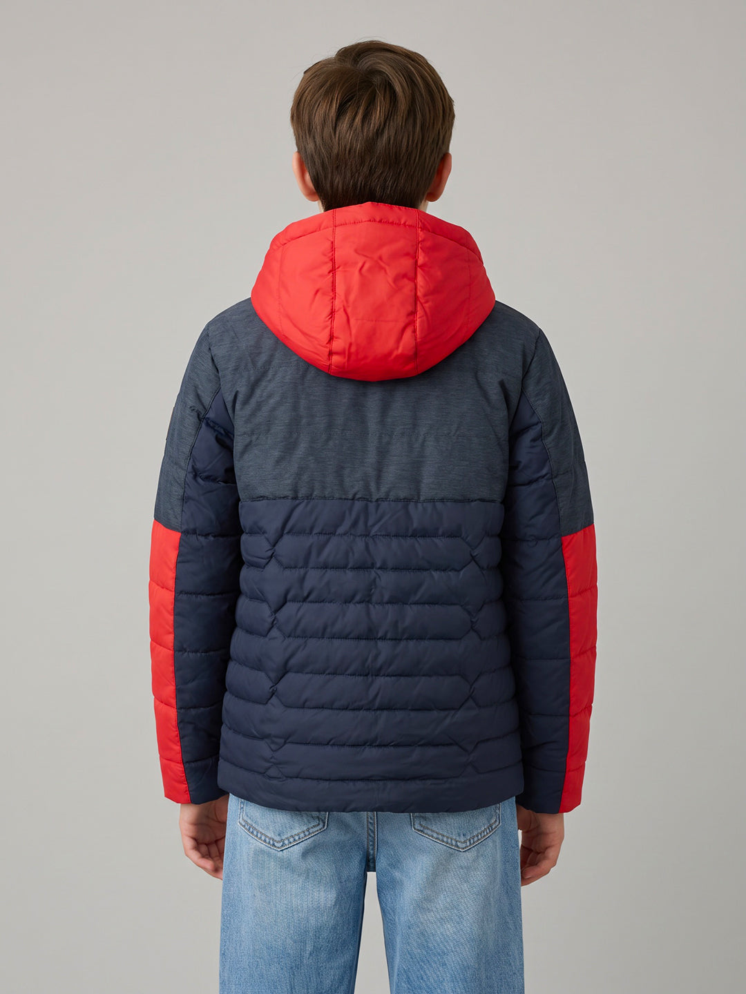 Boys Navy Blue Hooded Full Sleeve Jacket with Dual Front Zipper