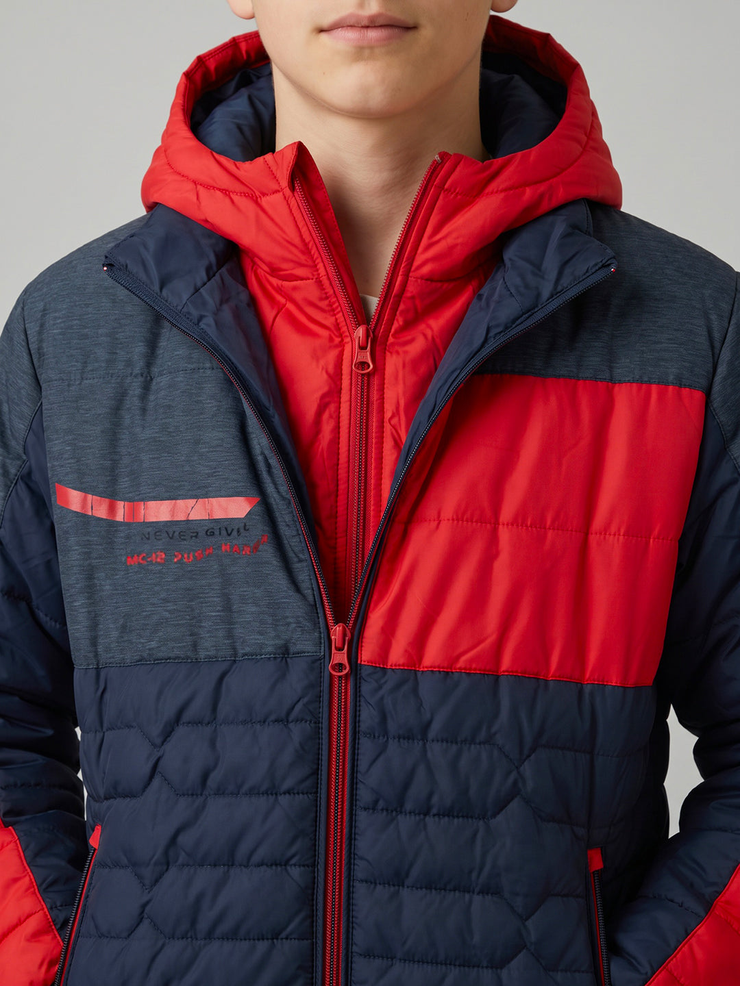 Boys Navy Blue Hooded Full Sleeve Jacket with Dual Front Zipper