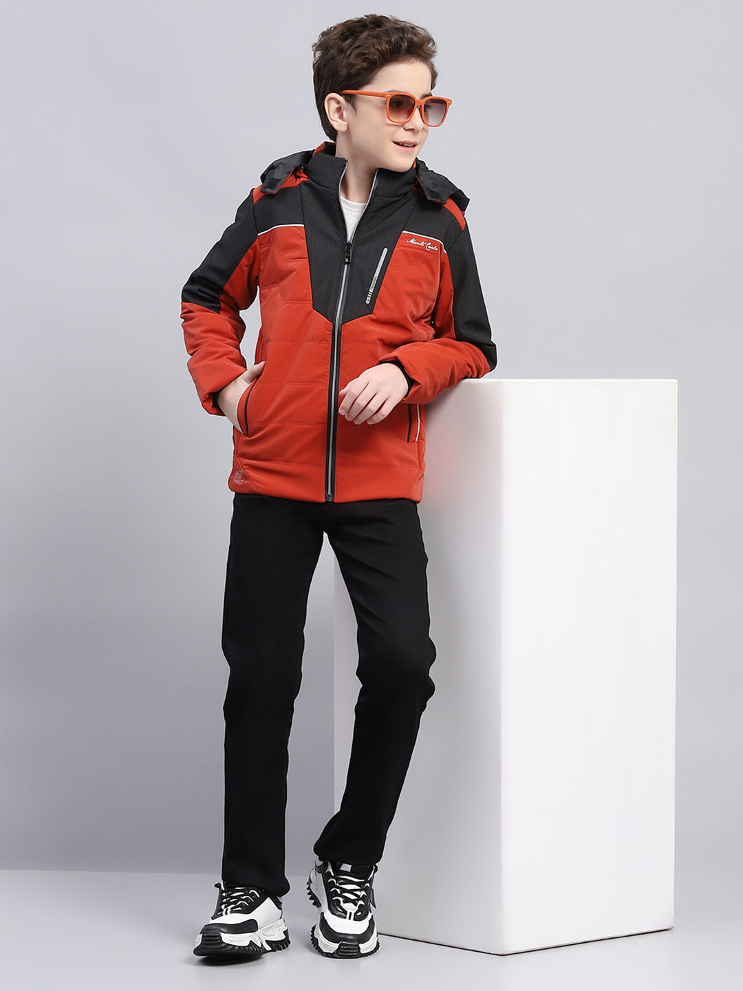 Boys Brown Solid Detachable Hood Full Sleeve Jacket