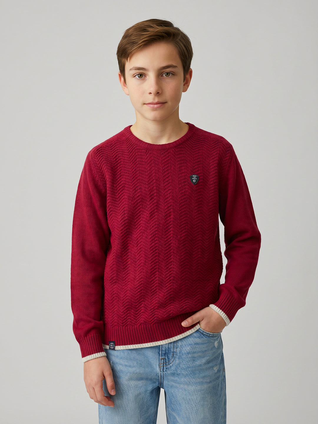 Boys Maroon Zig-Zag Round Neck Full Sleeve Pullover