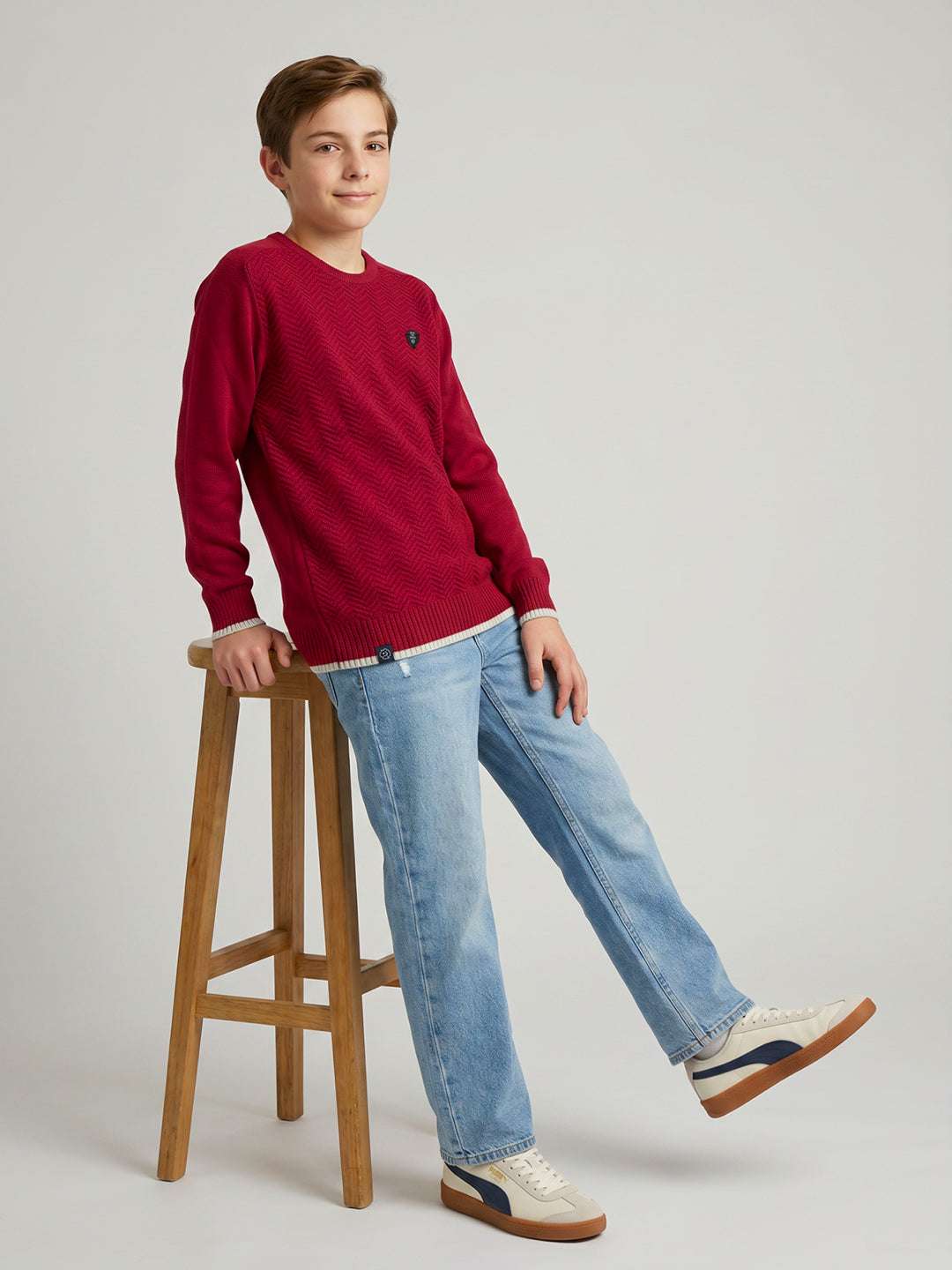 Boys Maroon Zig-Zag Round Neck Full Sleeve Pullover
