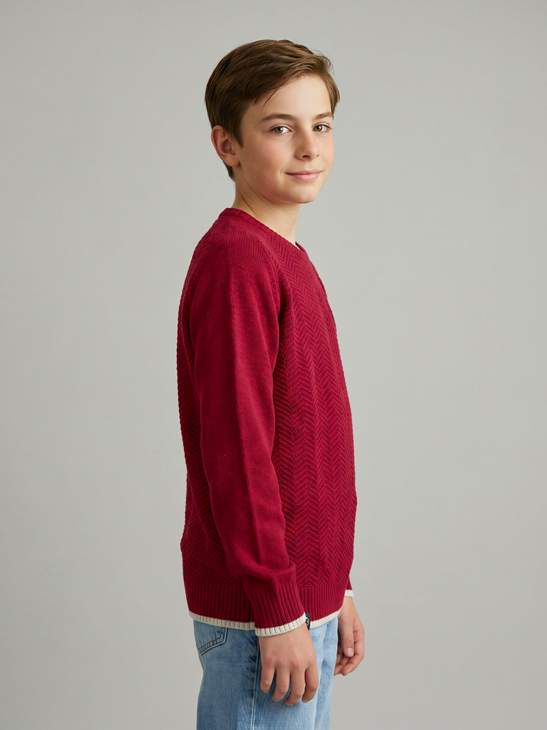 Boys Maroon Zig-Zag Round Neck Full Sleeve Pullover