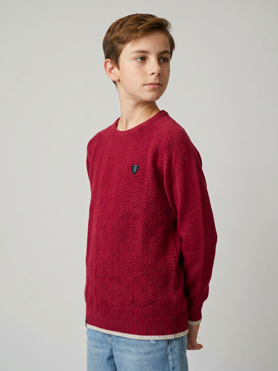 Boys Maroon Zig-Zag Round Neck Full Sleeve Pullover