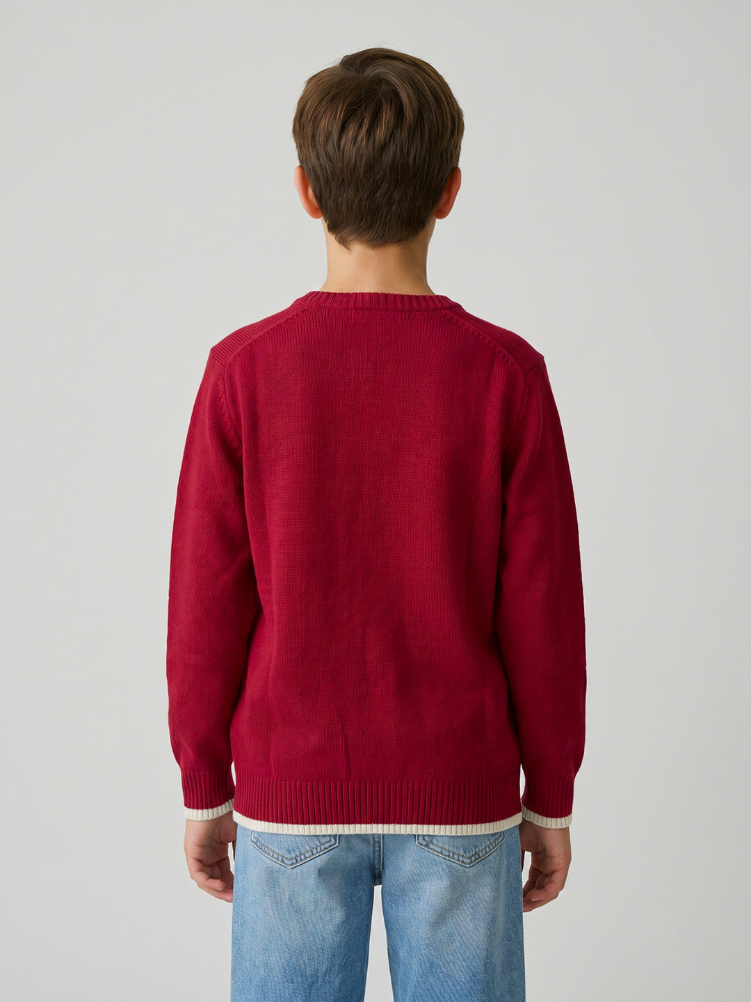 Boys Maroon Zig-Zag Round Neck Full Sleeve Pullover