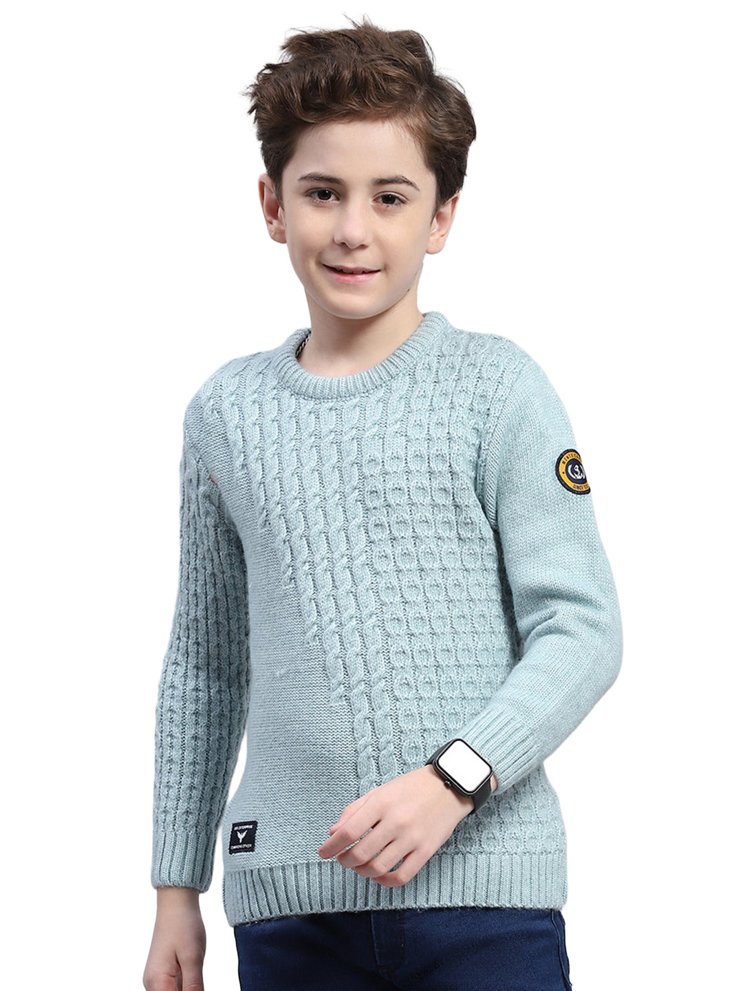 Boys Teal Blue Self Design Round Neck Full Sleeve Pullover