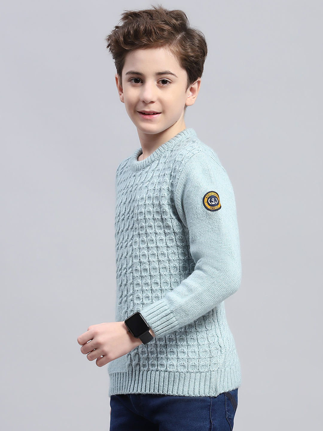 Boys Teal Blue Self Design Round Neck Full Sleeve Pullover