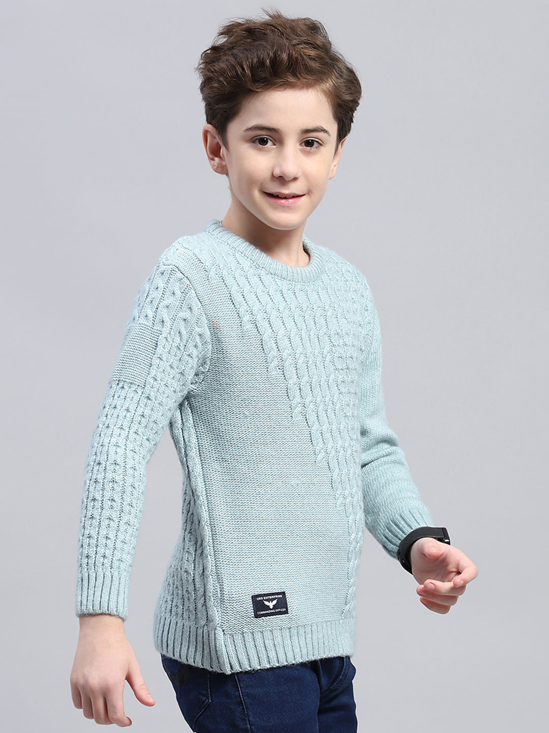 Boys Teal Blue Self Design Round Neck Full Sleeve Pullover