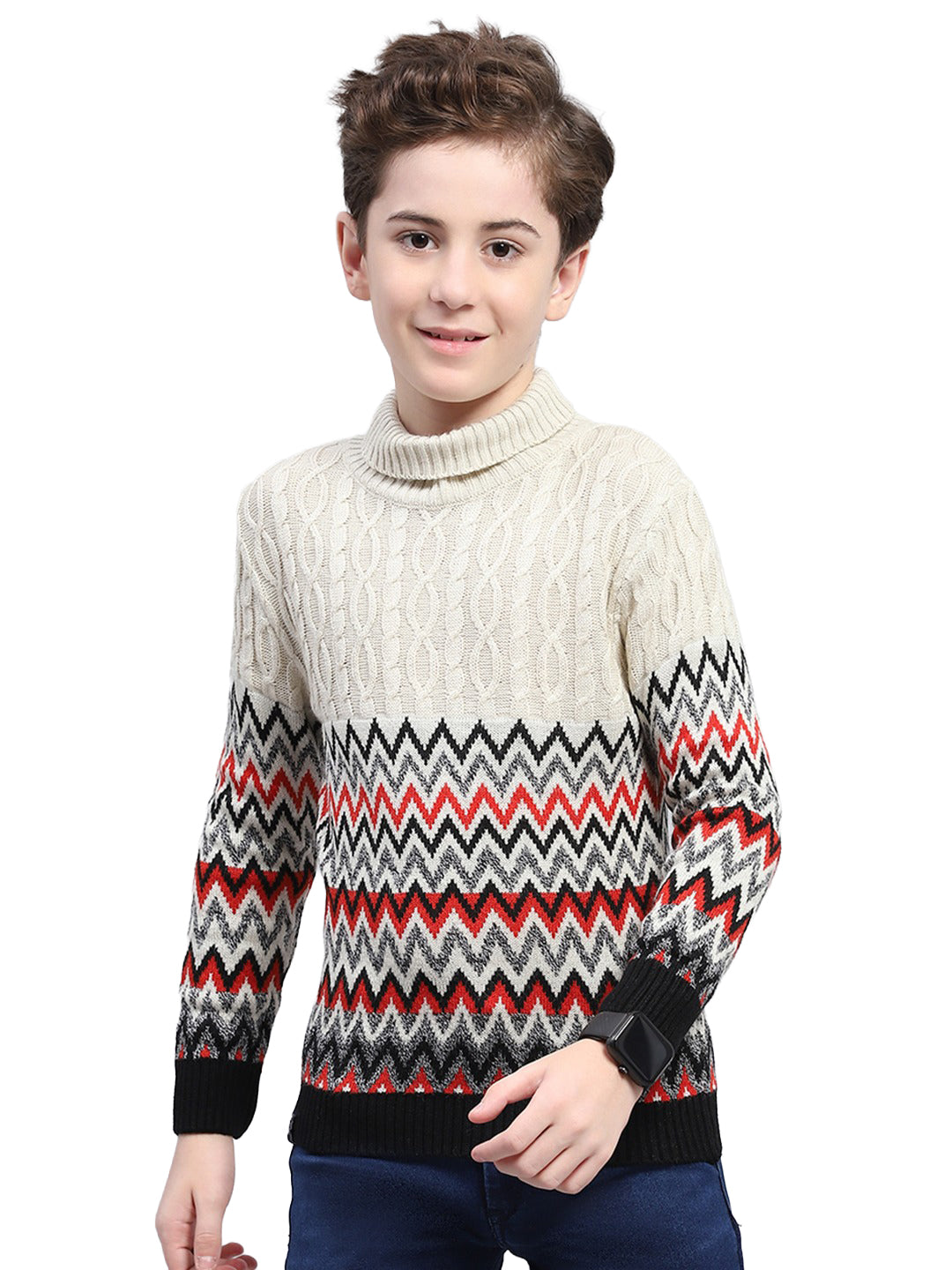 Boys Beige Zig-Zag Round Neck Full Sleeve Pullover