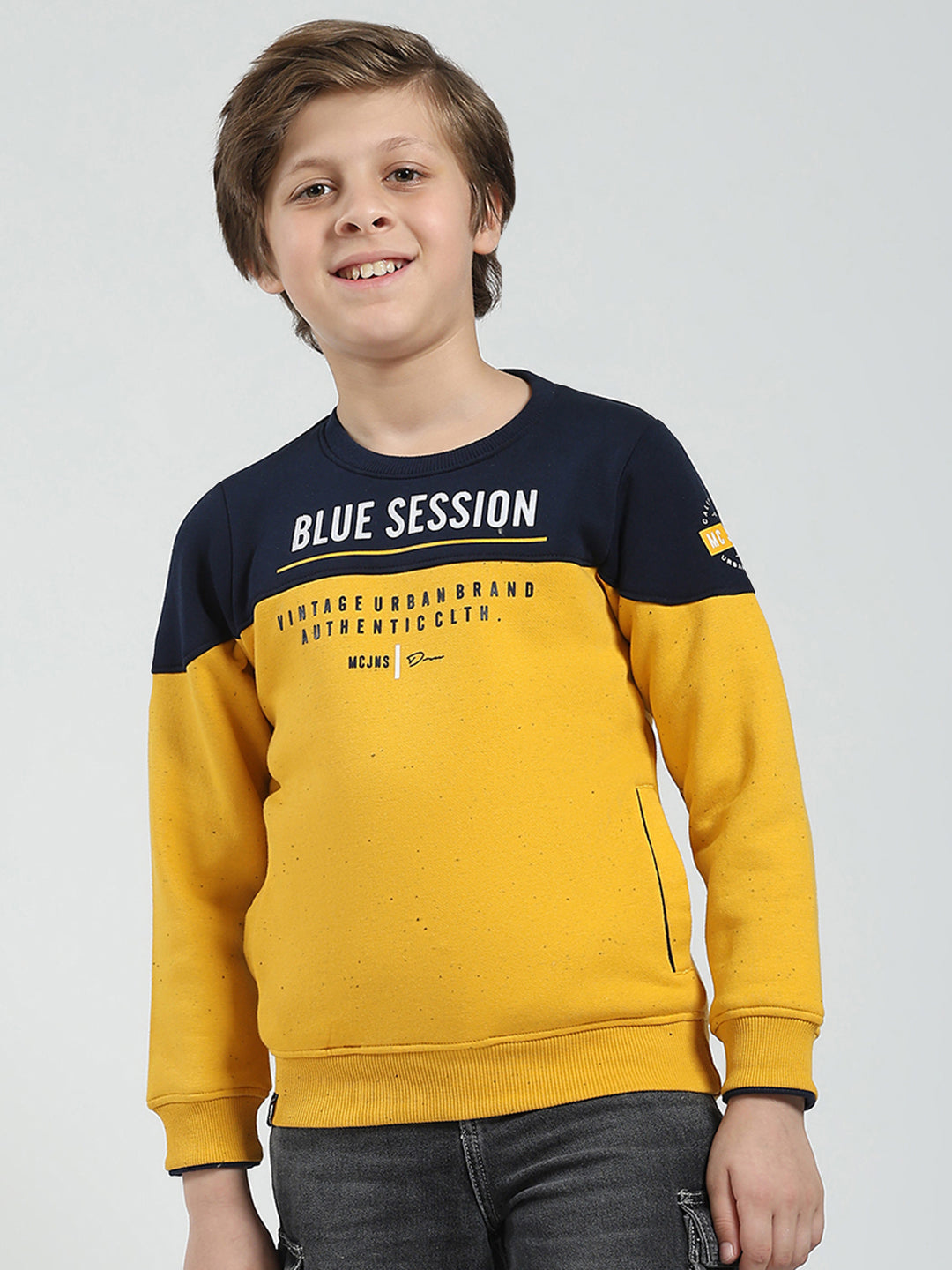 Boys Mustard Printed Round Neck Full Sleeve Sweatshirt