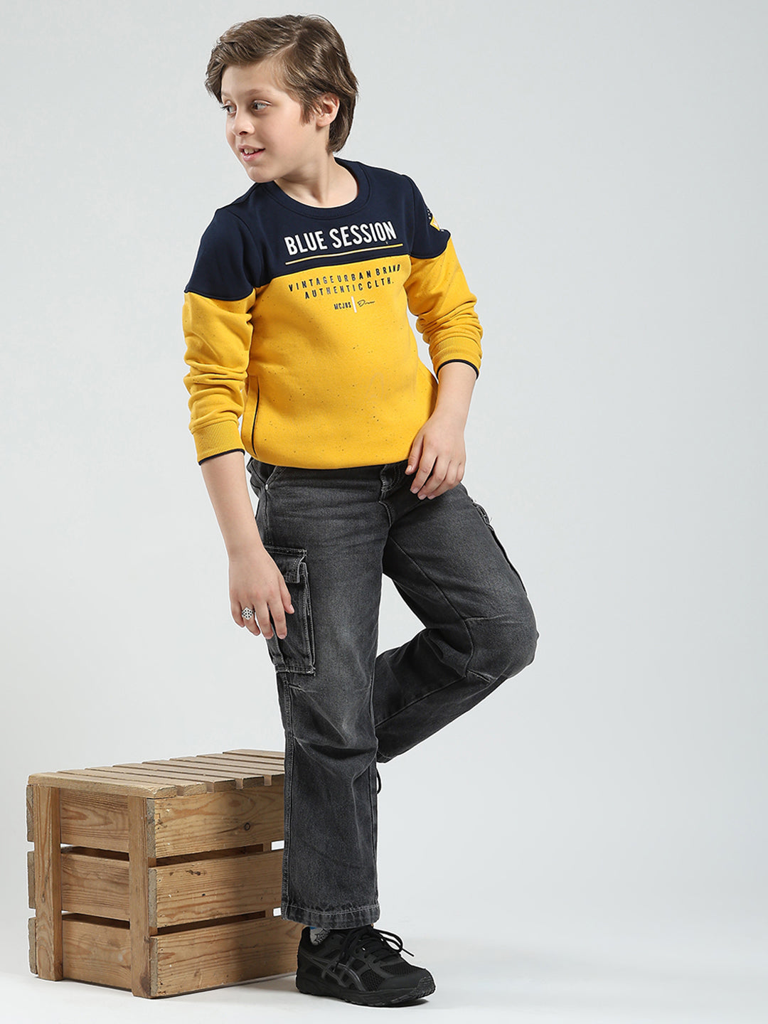 Boys Mustard Printed Round Neck Full Sleeve Sweatshirt