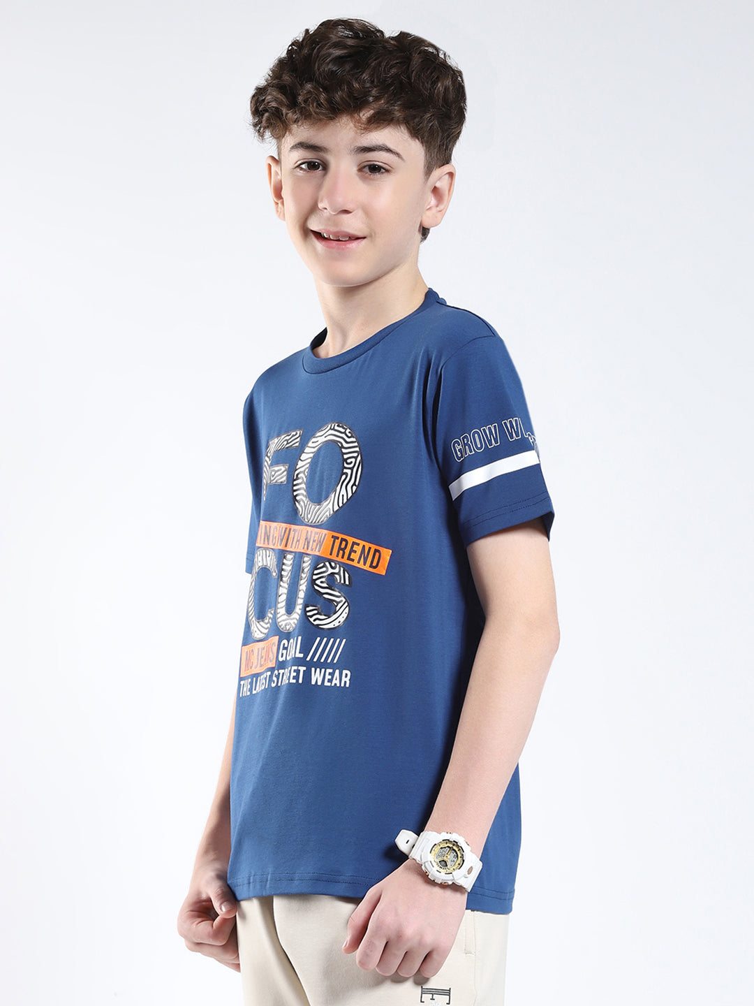 Boys Blue Printed Round Neck Half Sleeve T-Shirt