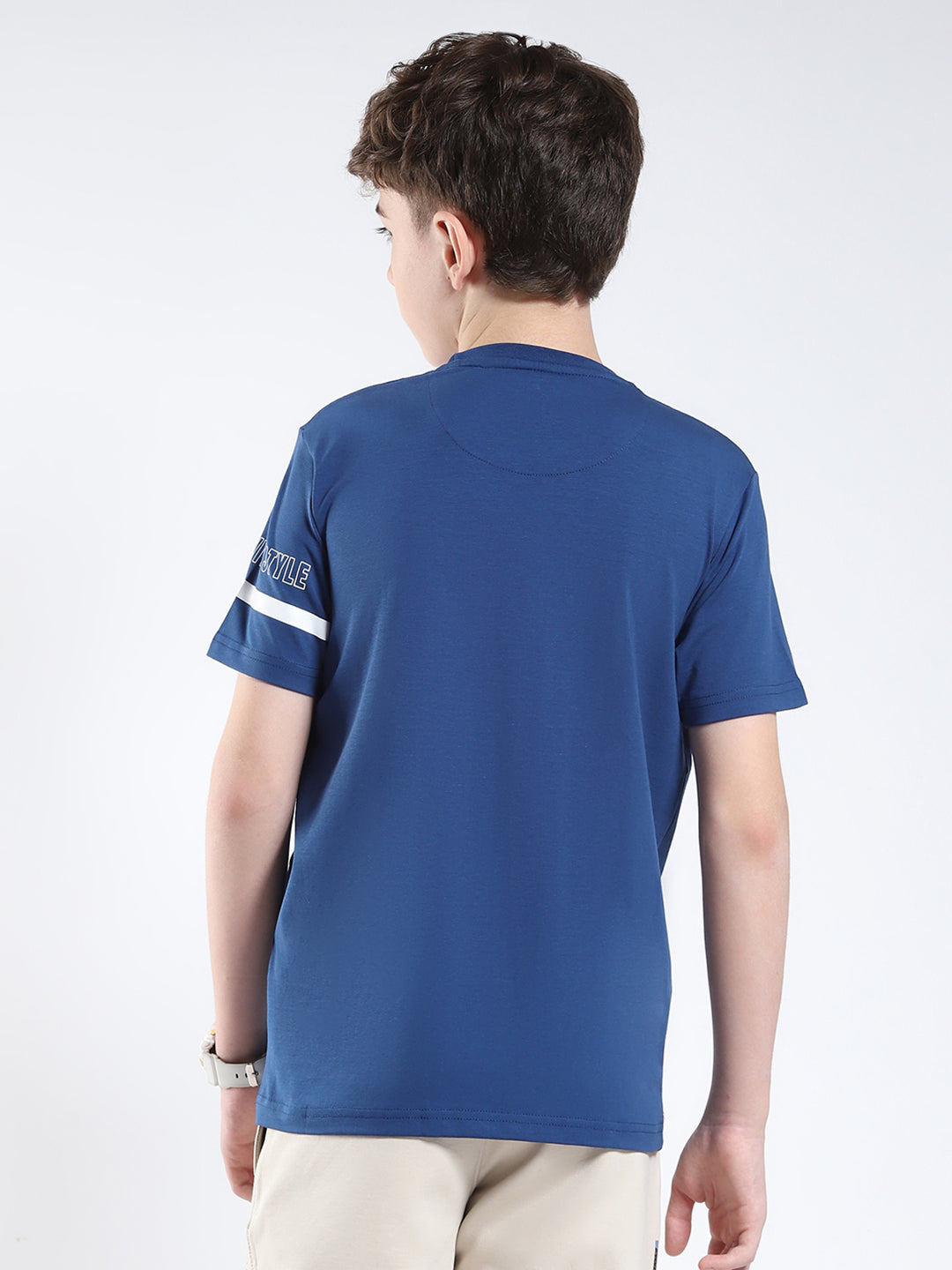 Boys Blue Printed Round Neck Half Sleeve T-Shirt
