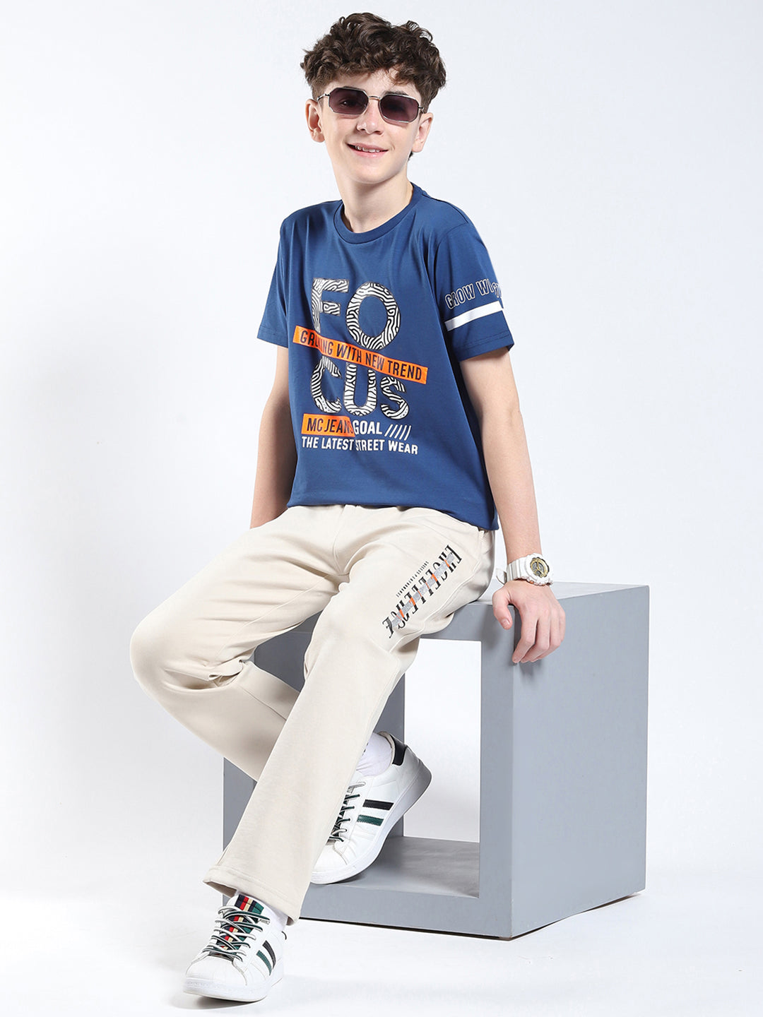 Boys Blue Printed Round Neck Half Sleeve T-Shirt