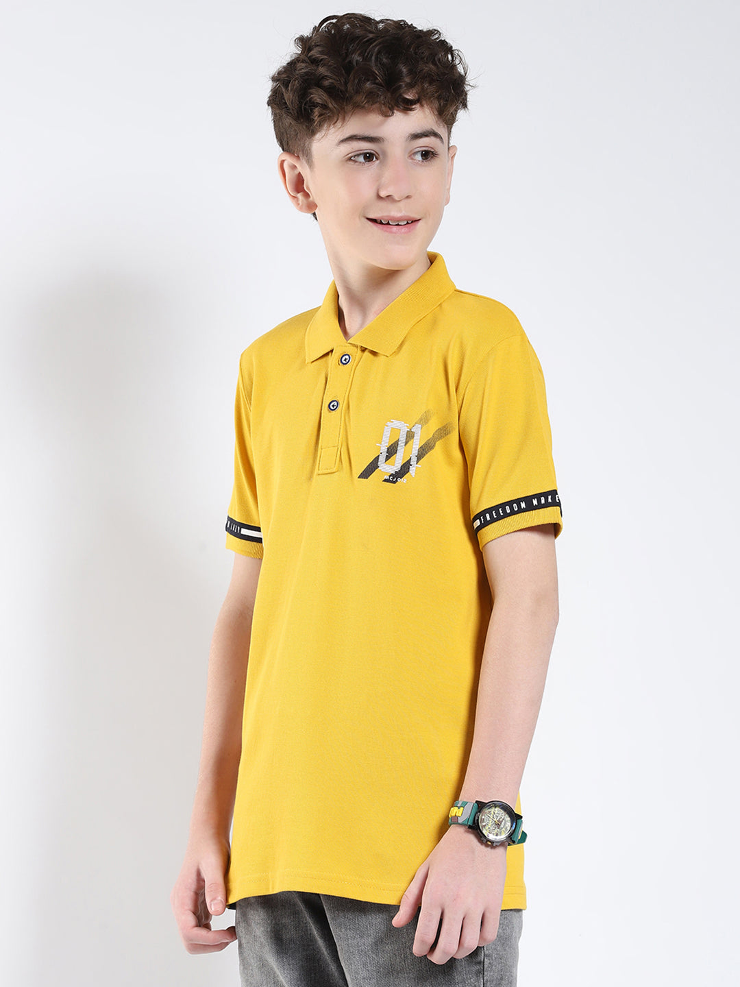 Boys Mustard Printed Collar Half Sleeve T-Shirt