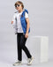 Boys Blue Printed Hooded Sleeveless Jacket