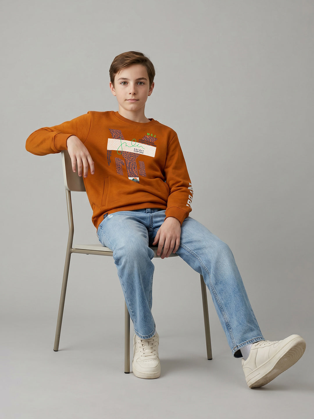 Boys Rust Printed Round Neck Full Sleeve Sweatshirt