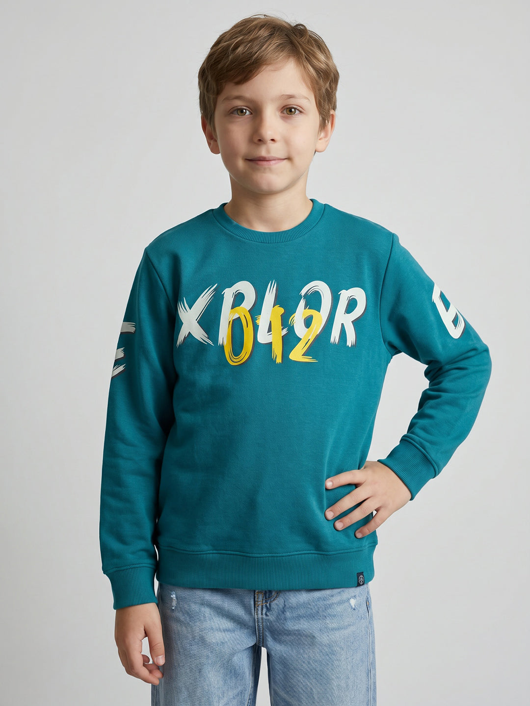 Boys Teal Blue Printed Round Neck Full Sleeve Sweatshirt