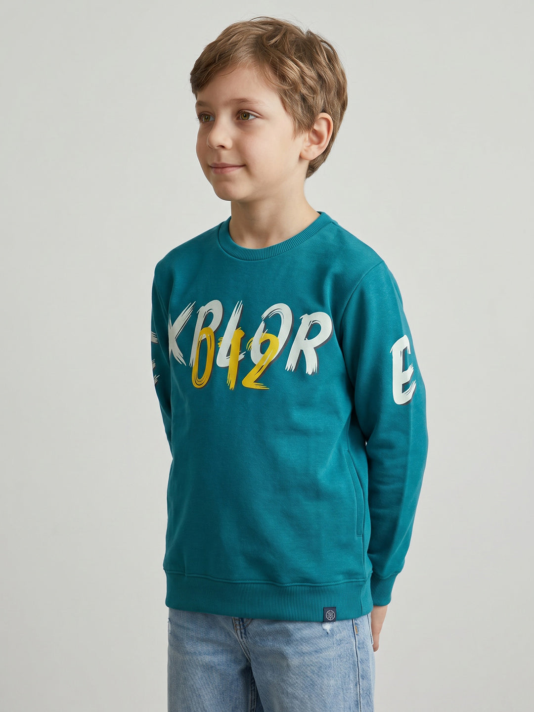 Boys Teal Blue Printed Round Neck Full Sleeve Sweatshirt