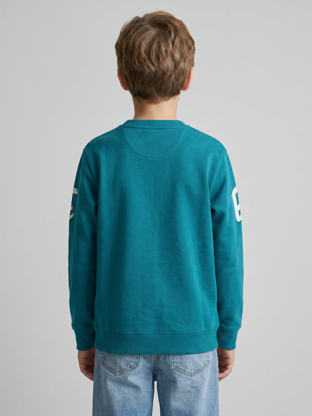 Boys Teal Blue Printed Round Neck Full Sleeve Sweatshirt