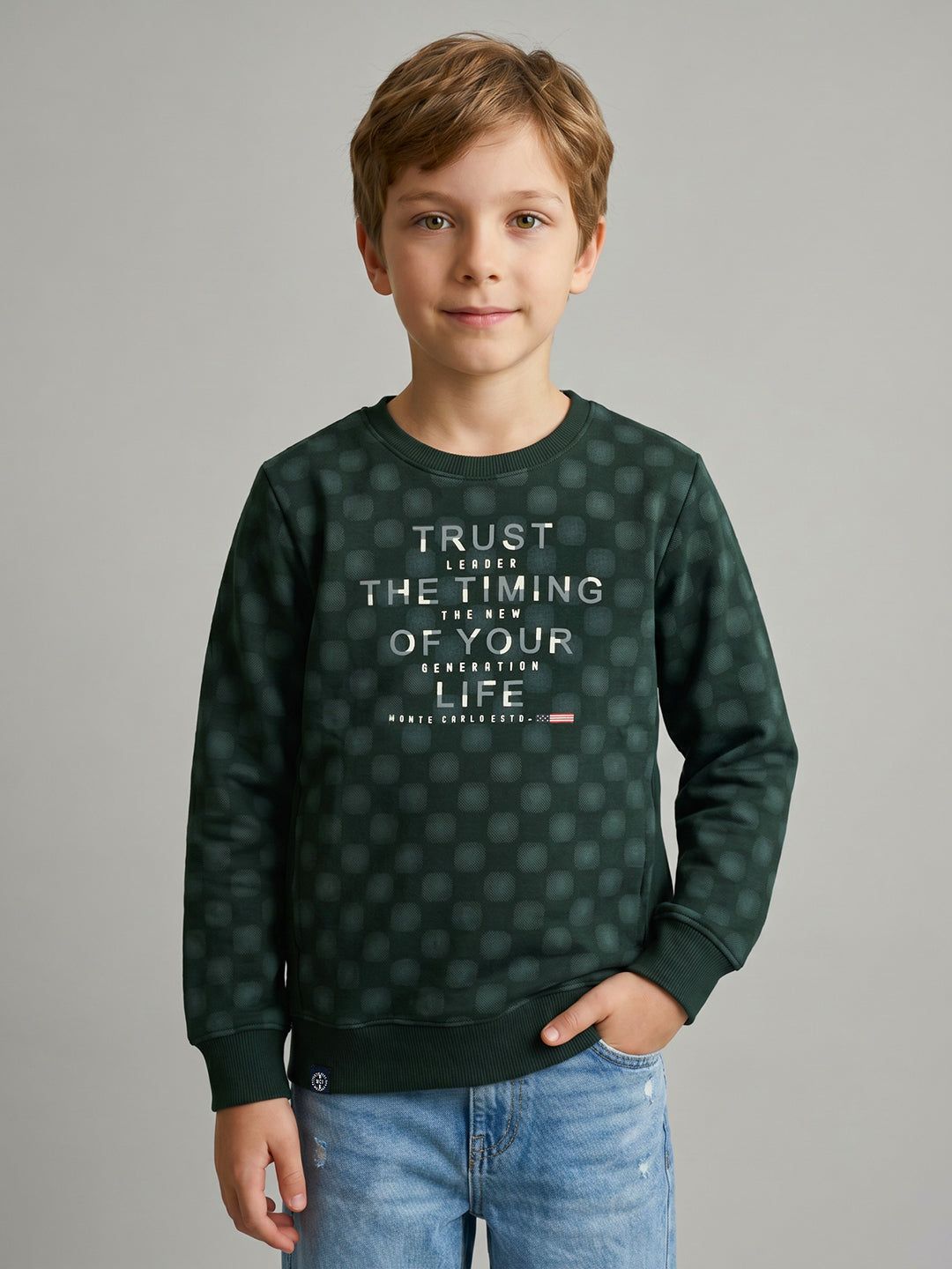 Boys Green Printed Round Neck Full Sleeve Sweatshirt