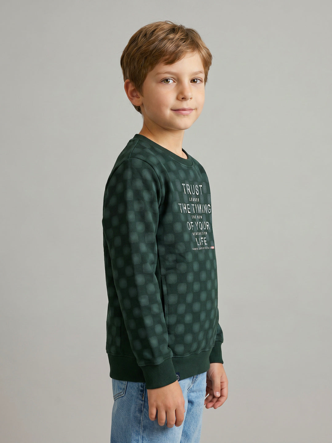Boys Green Printed Round Neck Full Sleeve Sweatshirt