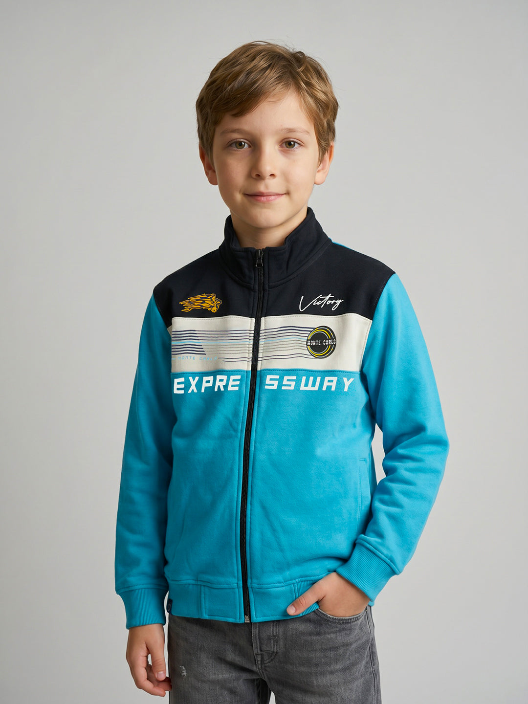 Boys Turquoise Blue Printed Turtle Neck Full Sleeve Sweatshirt