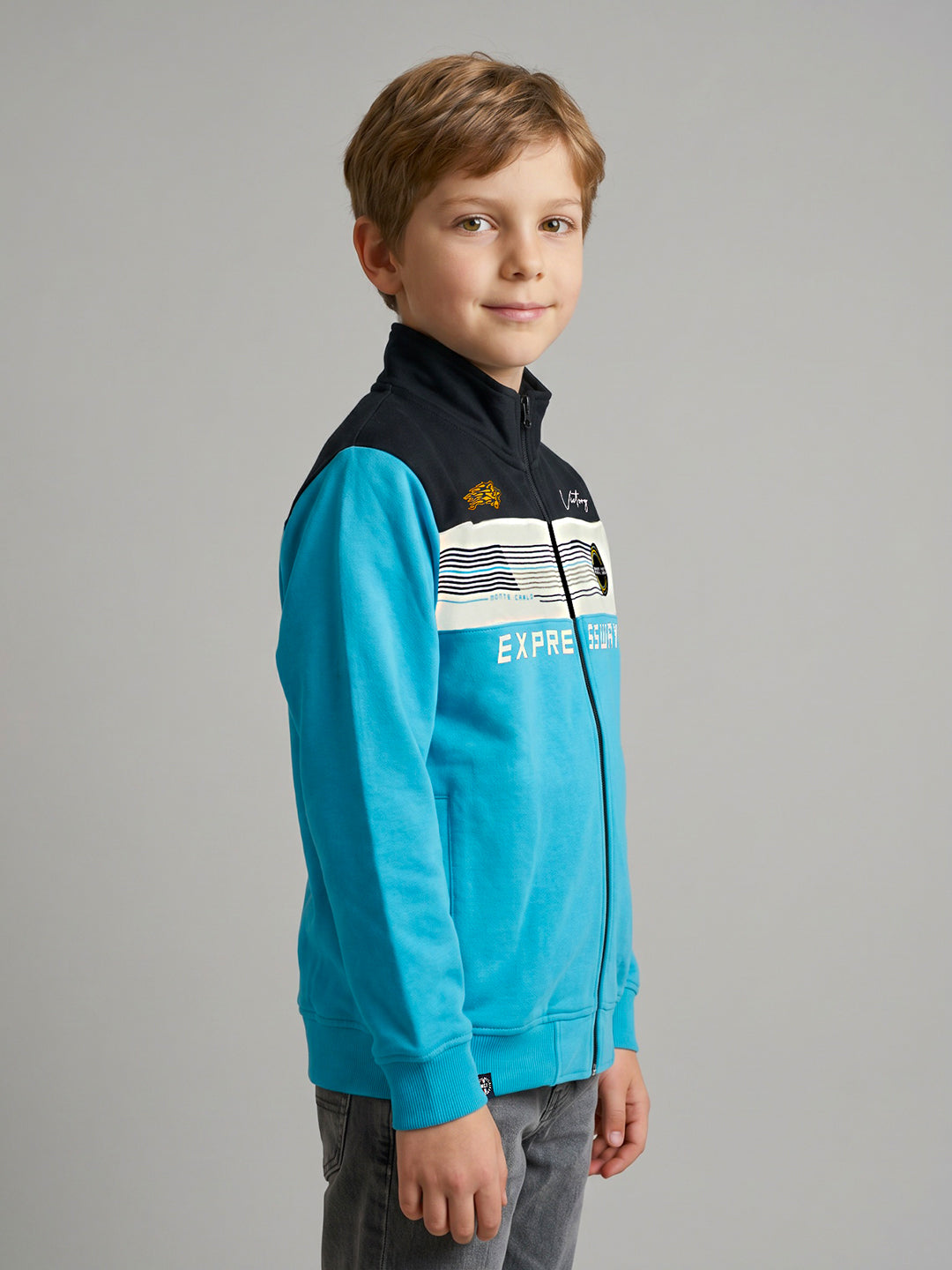 Boys Turquoise Blue Printed Turtle Neck Full Sleeve Sweatshirt