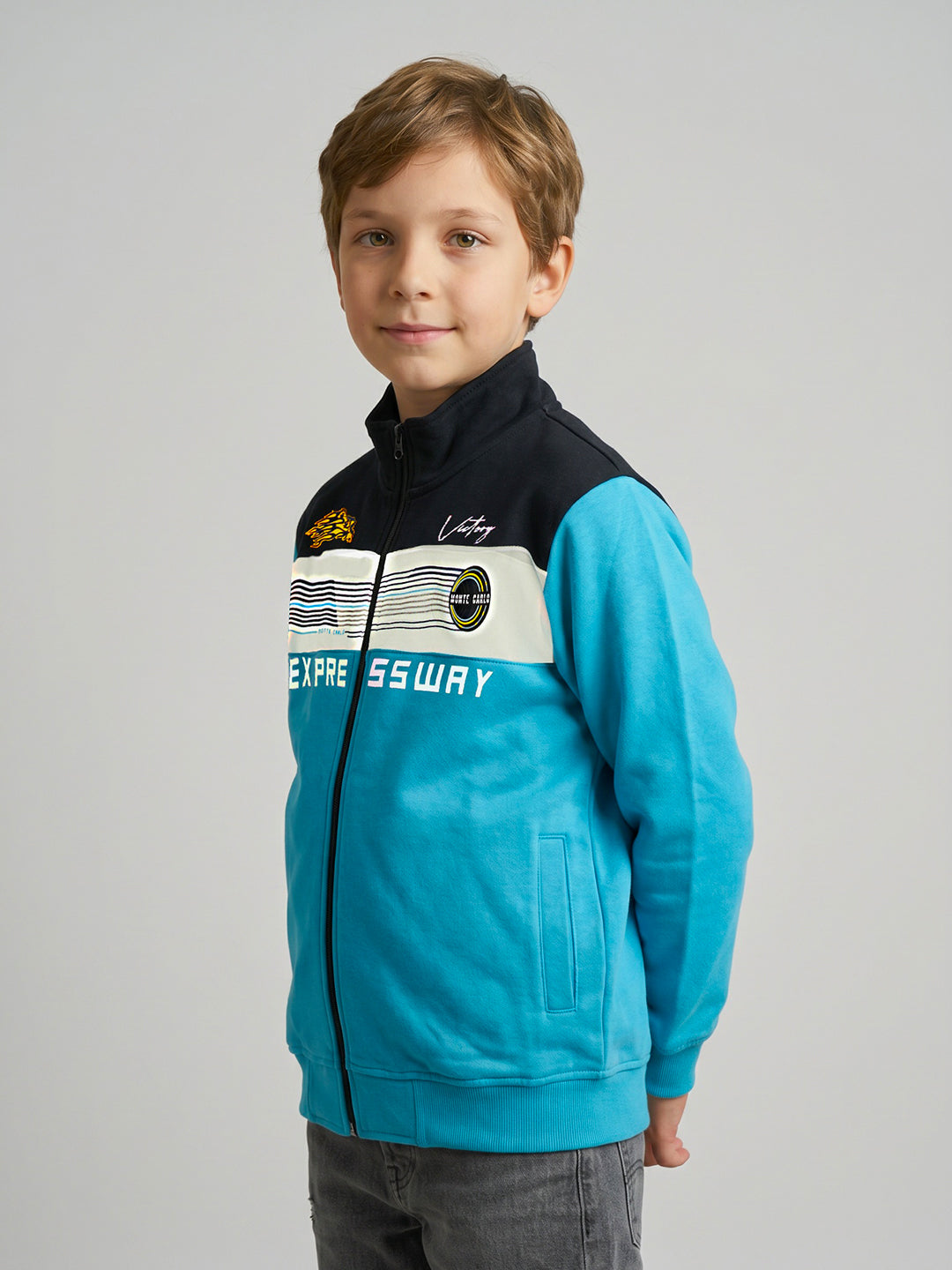 Boys Turquoise Blue Printed Turtle Neck Full Sleeve Sweatshirt