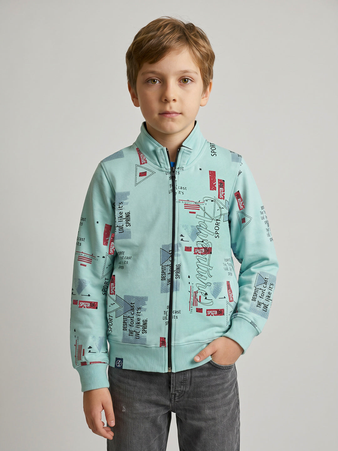 Boys Blue Printed Turtle Neck Full Sleeve Sweatshirt