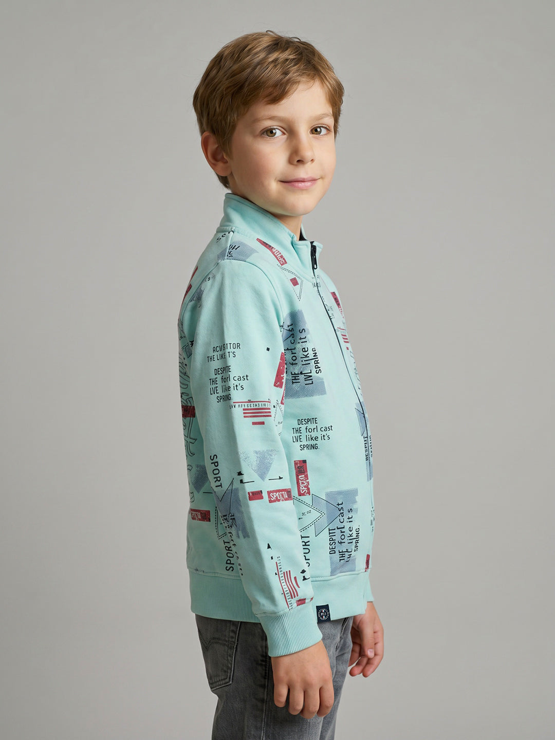 Boys Blue Printed Turtle Neck Full Sleeve Sweatshirt