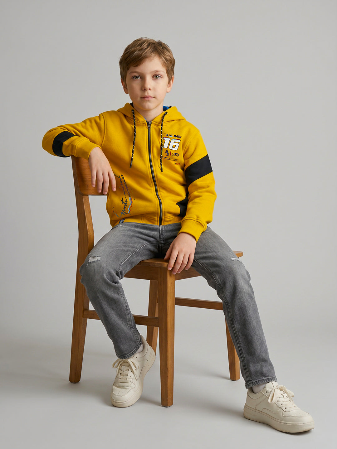 Boys Mustard Printed Collar Full Sleeve Sweatshirt