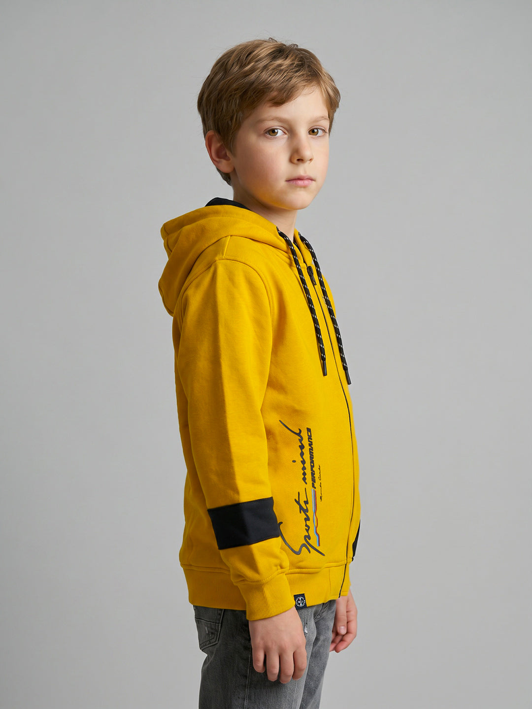Boys Mustard Printed Collar Full Sleeve Sweatshirt