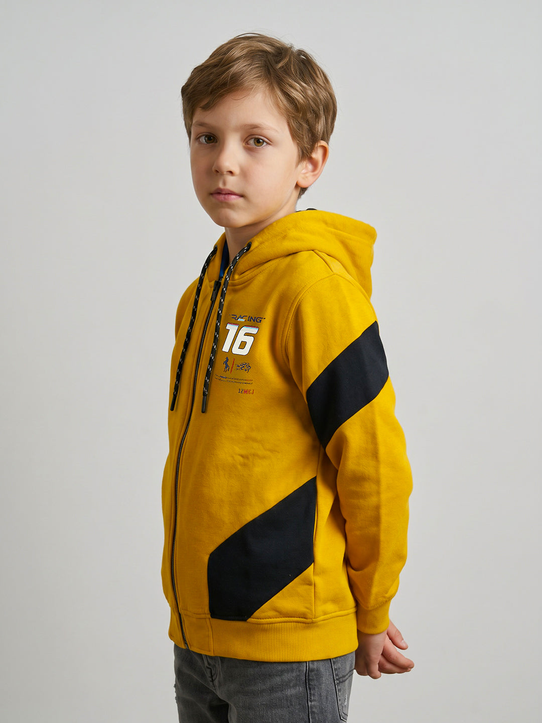 Boys Mustard Printed Collar Full Sleeve Sweatshirt
