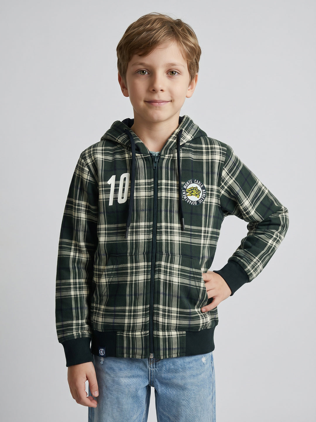 Boys Green Check Hooded Full Sleeve Sweatshirt